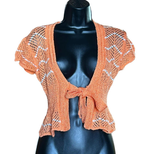 70s orange knitted mesh shrug cardi S/M