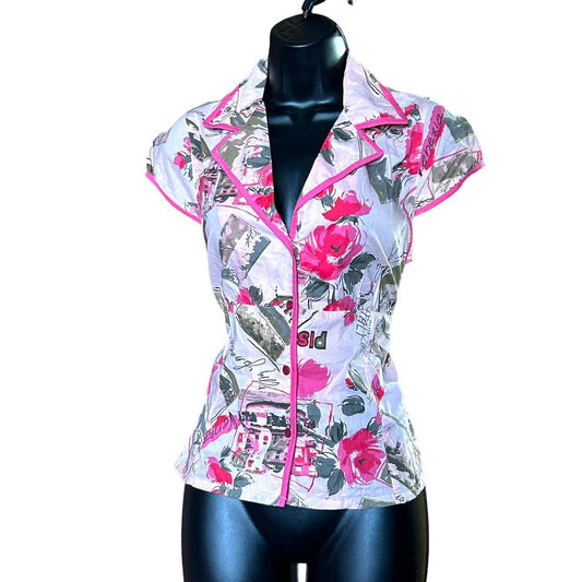 y2k pink italy print blouse L