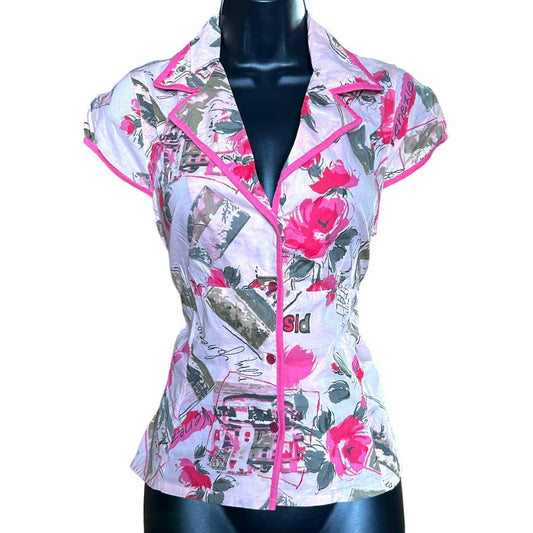 y2k pink italy print blouse L