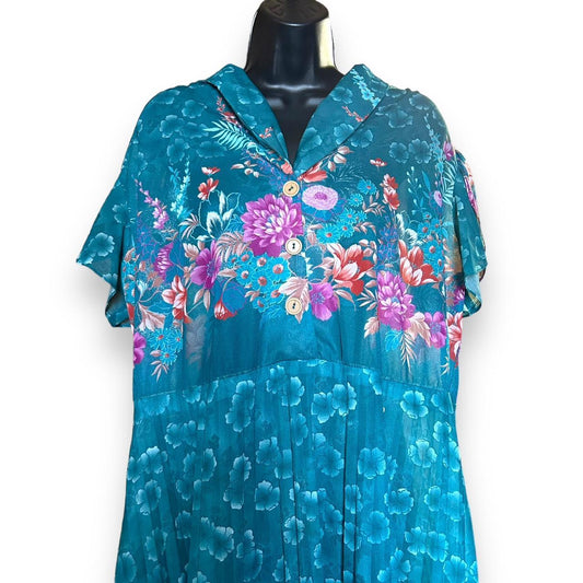 60s teal floral pleated dress 3X