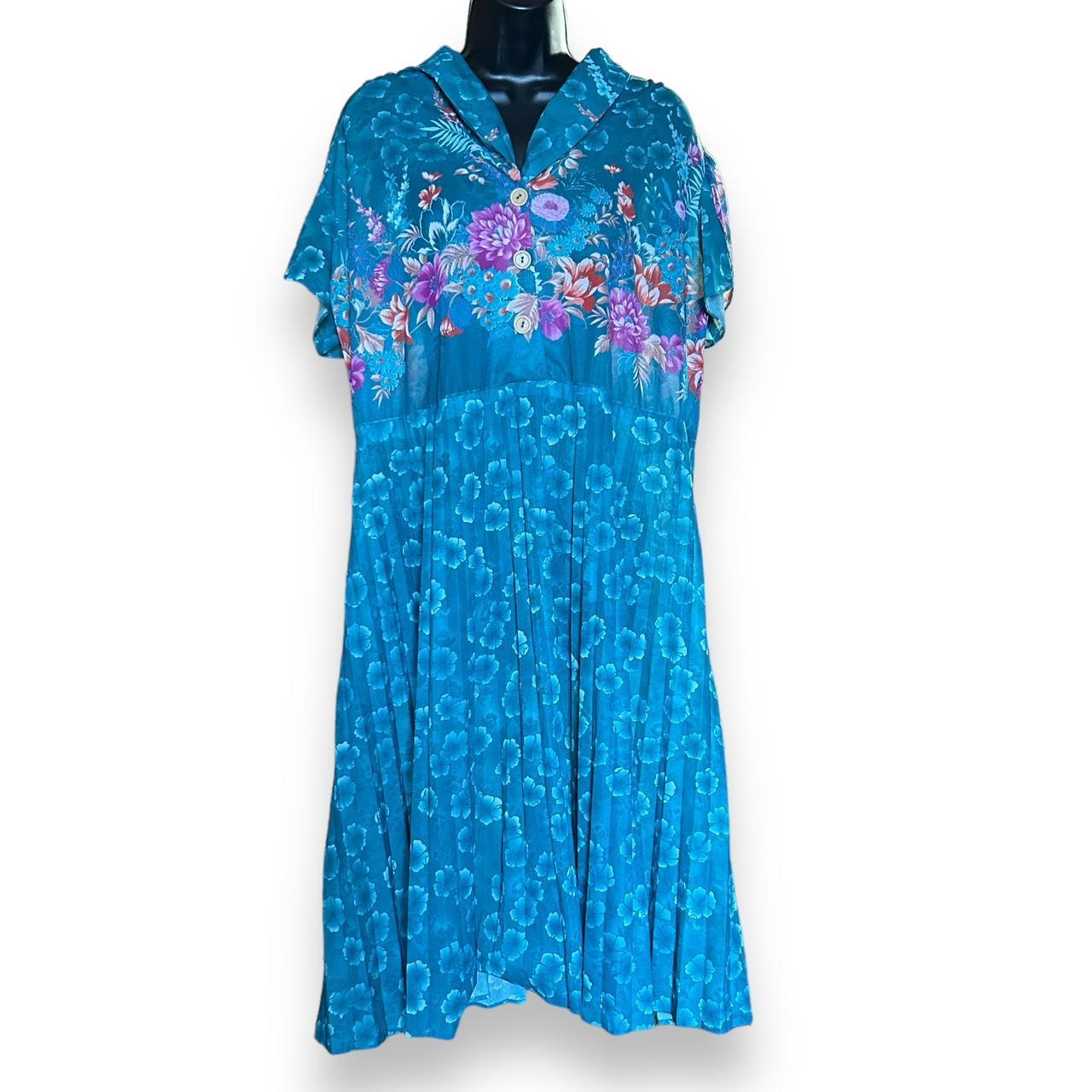 60s teal floral pleated dress 3X
