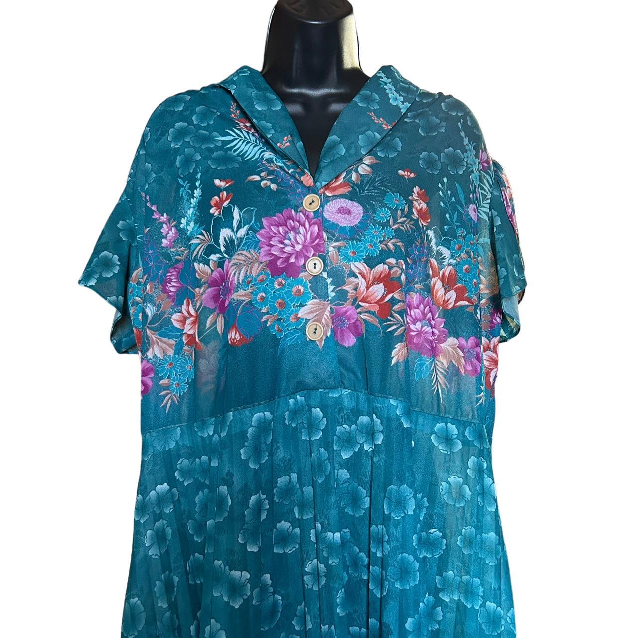 60s teal floral pleated dress 3X